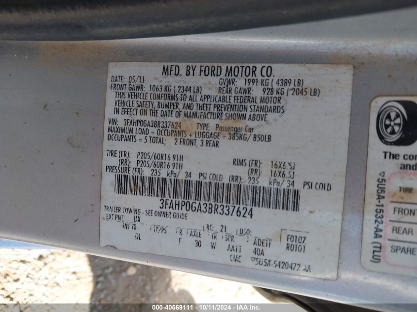 3FAHP0GA3BR337624 2011 Ford Fusion S