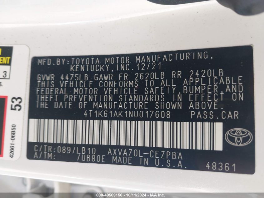 4T1K61AK1NU017608 2022 Toyota Camry Xse