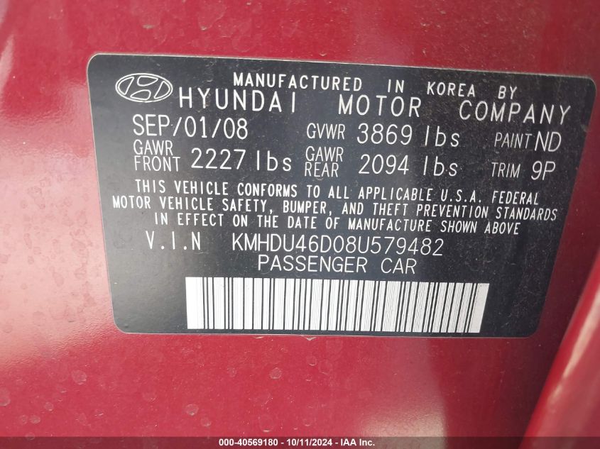 KMHDU46D08U579482 2008 Hyundai Elantra Gls/Se/Limited