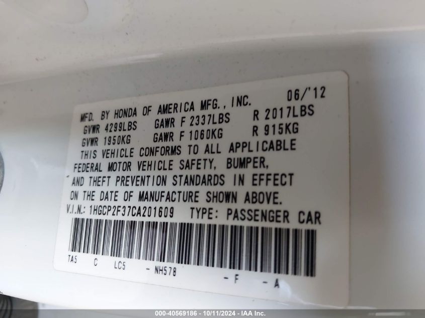 1HGCP2F37CA201609 2012 Honda Accord Lx