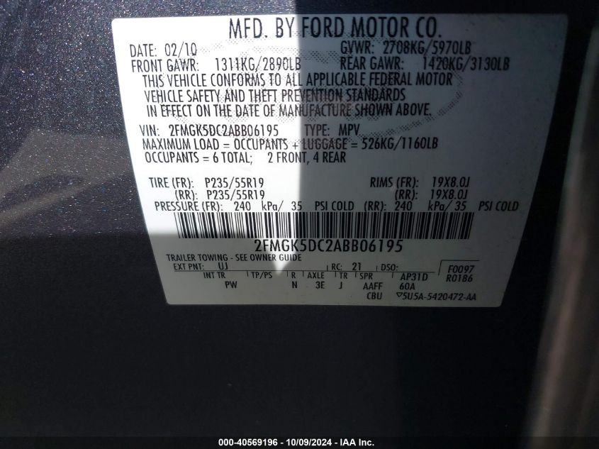 2FMGK5DC2ABB06195 2010 Ford Flex Limited