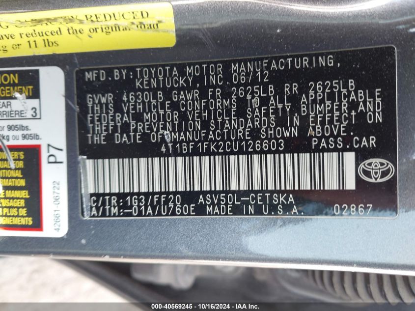 VIN WD3PG2EA8K3601269 2012 TOYOTA CAMRY no.9