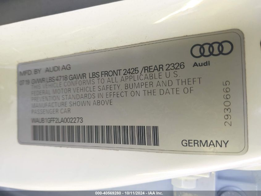 2020 Audi S3 Premium Tfsi Quattro S Tronic VIN: WAUB1GFF2LA002273 Lot: 40569280