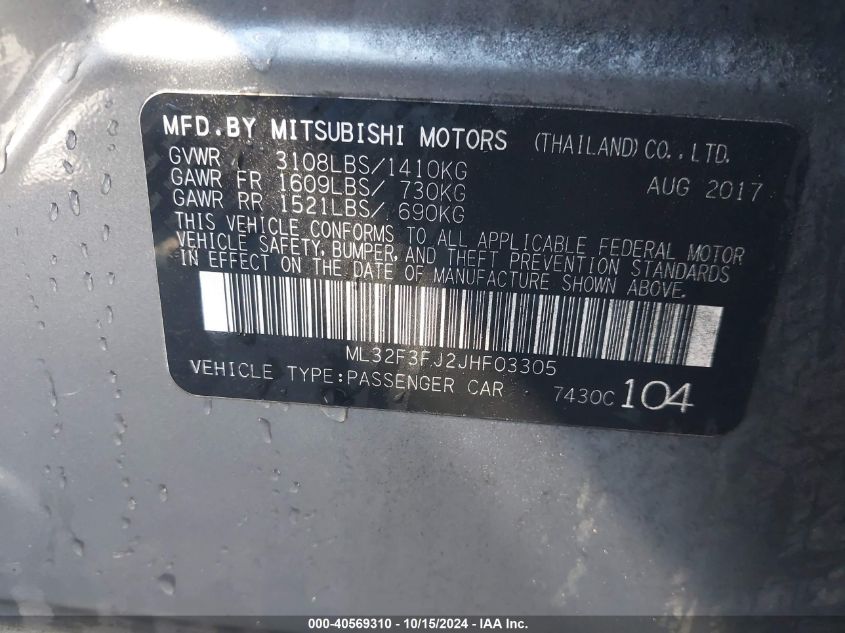 2018 Mitsubishi Mirage G4 Es VIN: ML32F3FJ2JHF03305 Lot: 40569310