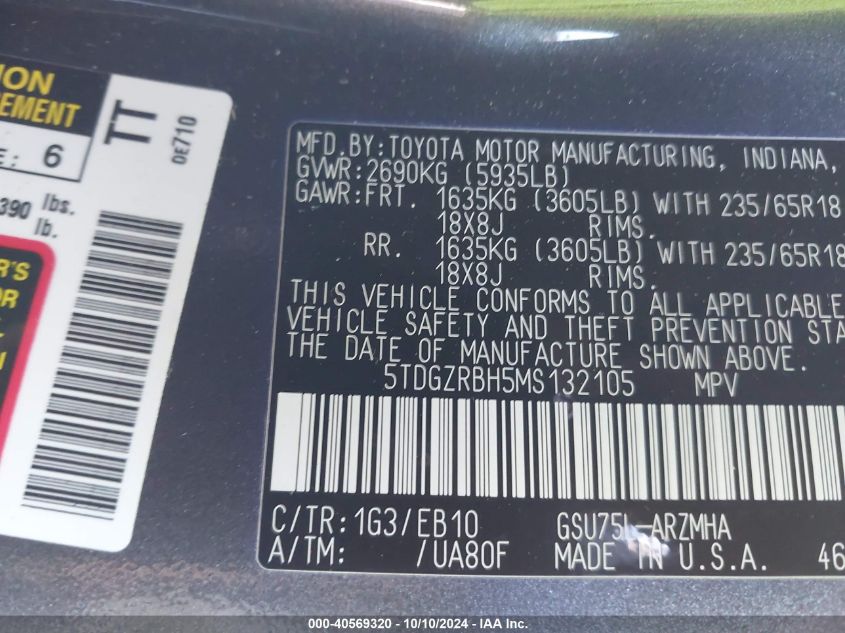 5TDGZRBH5MS132105 2021 Toyota Highlander Xle