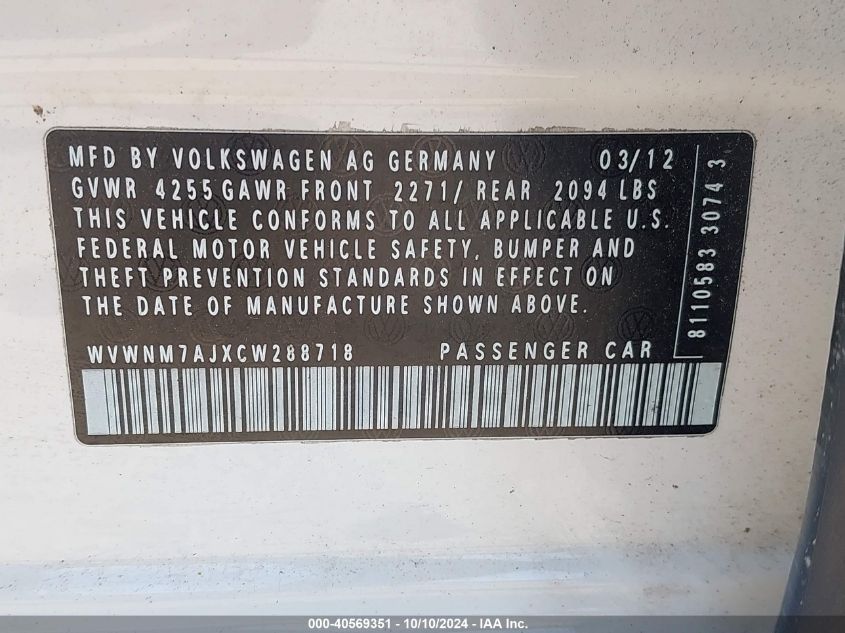 2012 Volkswagen Golf Tdi 4-Door VIN: WVWNM7AJXCW288718 Lot: 40569351