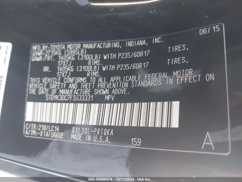 5TDYK3DC7FS633331 2015 Toyota Sienna Xle 8 Passenger