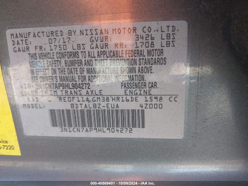 3N1CN7AP9HL904272 2017 Nissan Versa 1.6 Sv