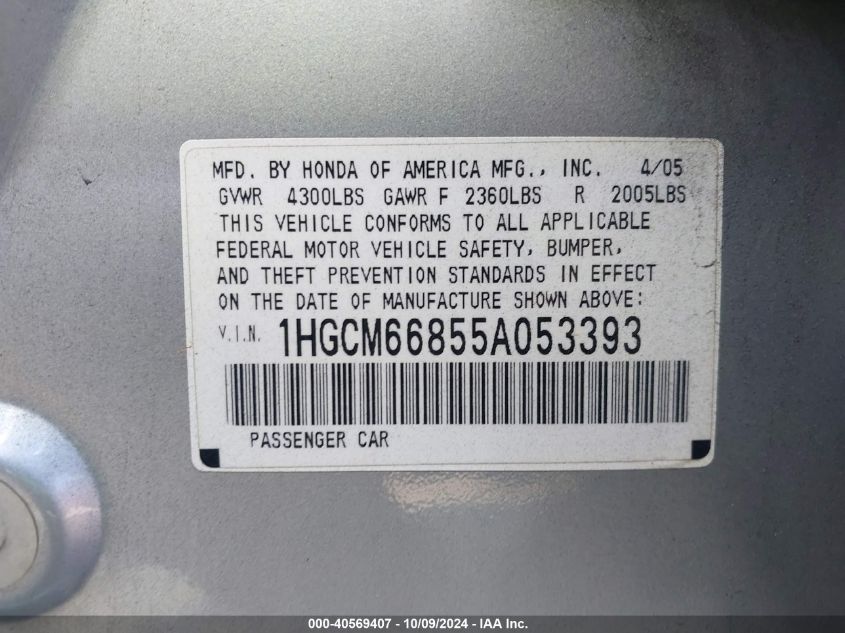 1HGCM66855A053393 2005 Honda Accord 3.0 Ex