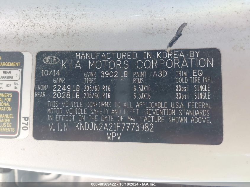 VIN KNDJN2A21F7773982 2015 KIA Soul no.9