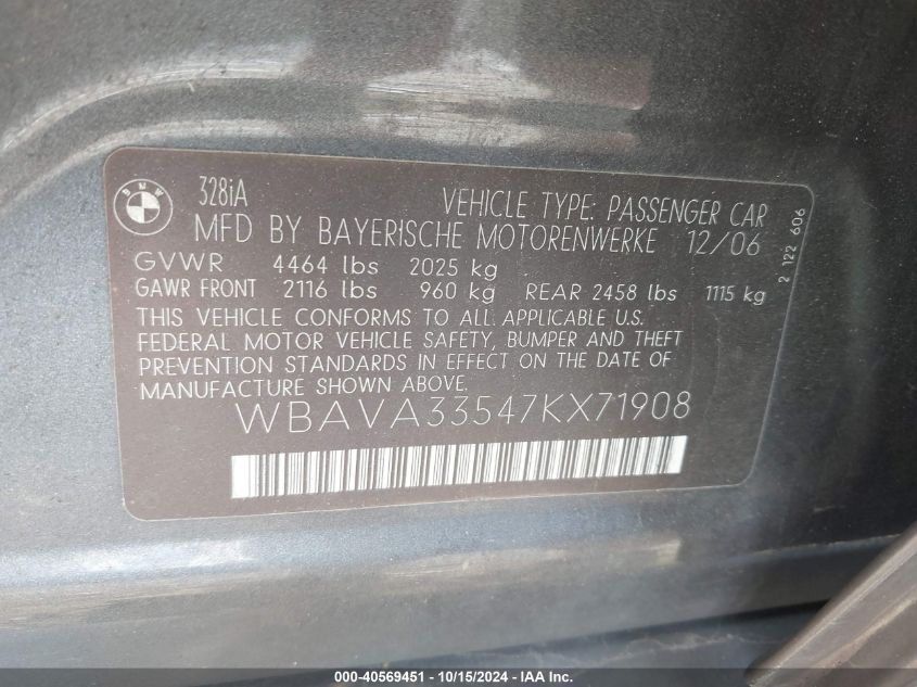 2007 BMW 328I VIN: WBAVA33547KX71908 Lot: 40569451