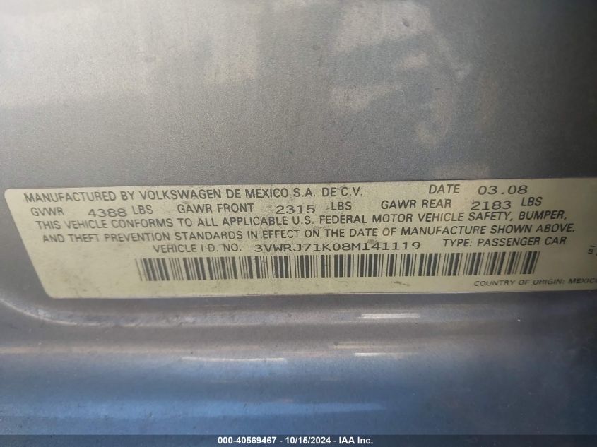 2008 Volkswagen Jetta Wolfsburg Edition VIN: 3VWRJ71K08M141119 Lot: 40569467
