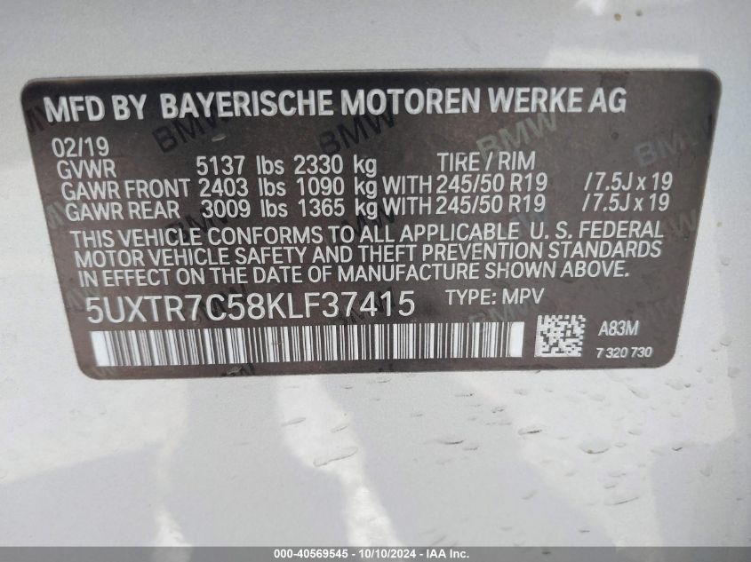 5UXTR7C58KLF37415 2019 BMW X3 Sdrive30I