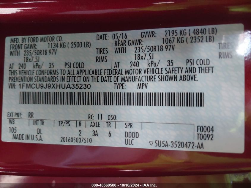 1FMCU9J9XHUA35230 2017 Ford Escape Titanium