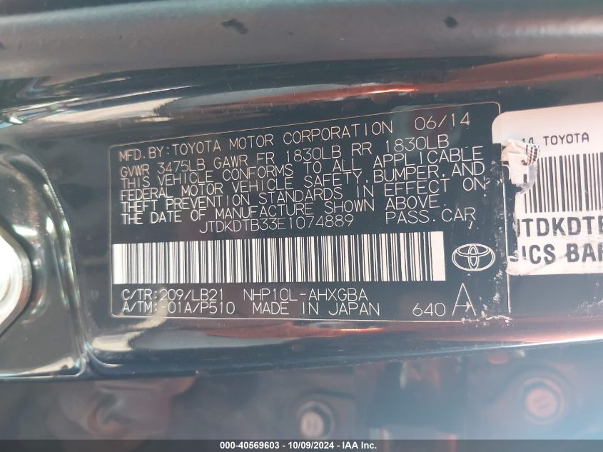 JTDKDTB33E1074889 2014 Toyota Prius C Four