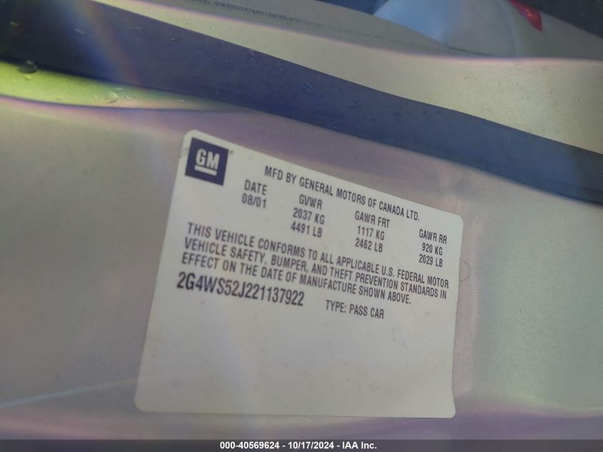 2002 Buick Century Custom VIN: 2G4WS52J221137922 Lot: 40569624