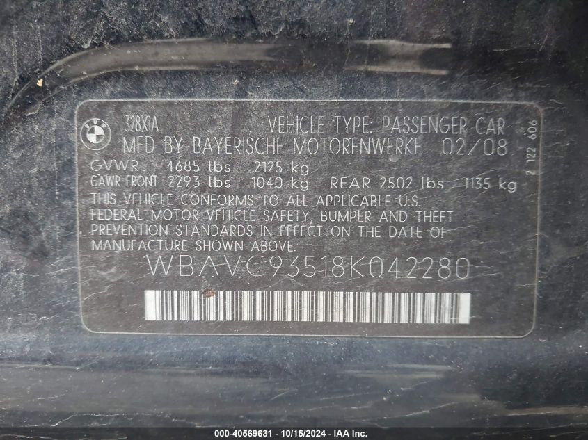 2008 BMW 328Xi VIN: WBAVC93518K042280 Lot: 40569631