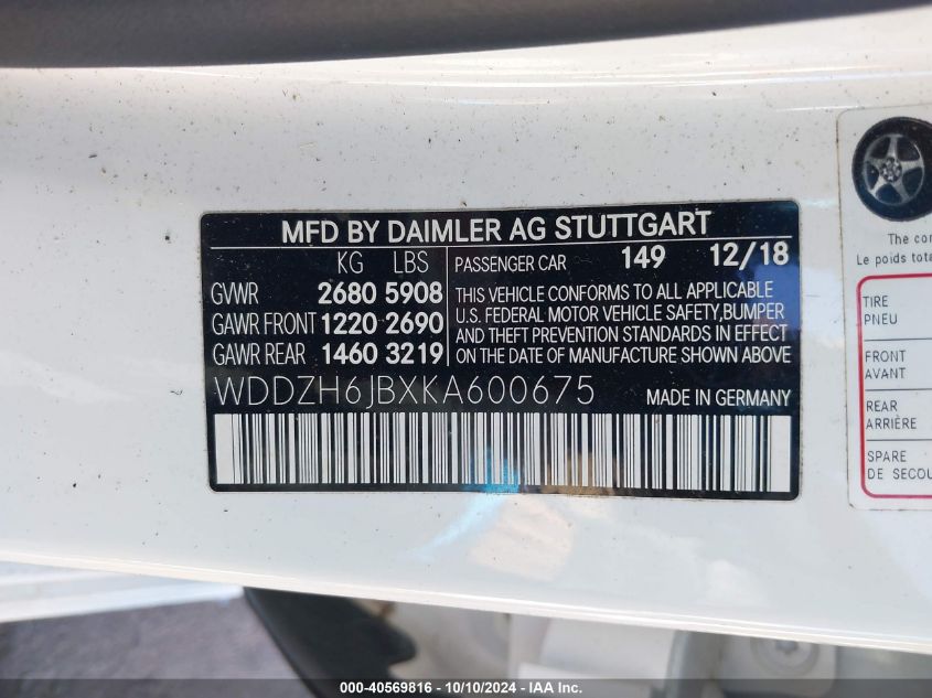 WDDZH6JBXKA600675 2019 Mercedes-Benz E 450 4Matic