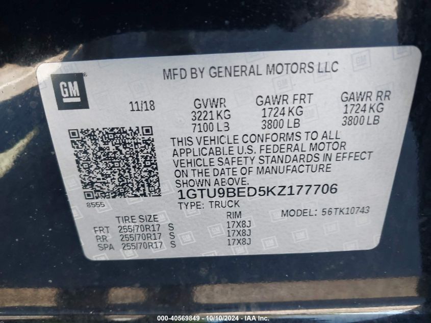 1GTU9BED5KZ177706 2019 GMC Sierra 1500 Sle