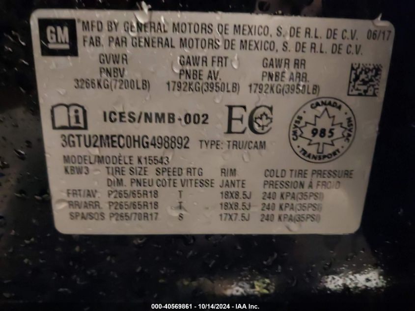 2017 GMC SIERRA 1500 VIN: 3GTU2MEC0HG498892