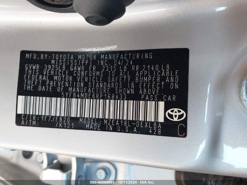 5YFB4MDE6RP168433 2024 Toyota Corolla Le