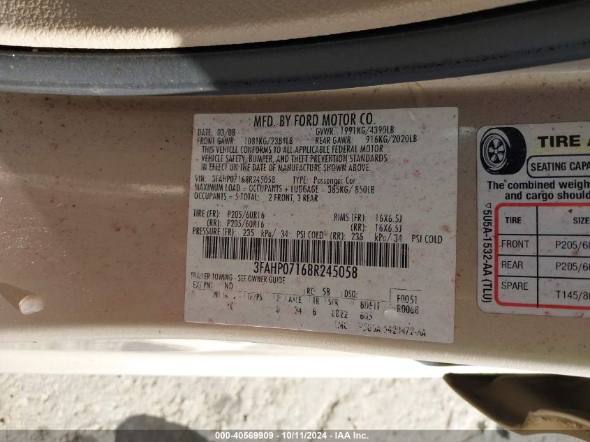 3FAHP07168R245058 2008 Ford Fusion Se