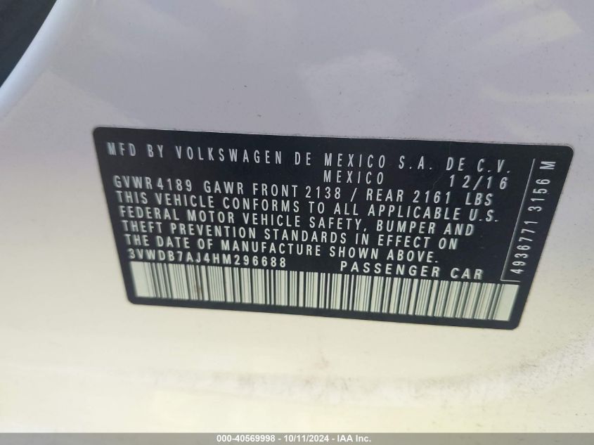 3VWDB7AJ4HM296688 2017 Volkswagen Jetta 1.4T Se