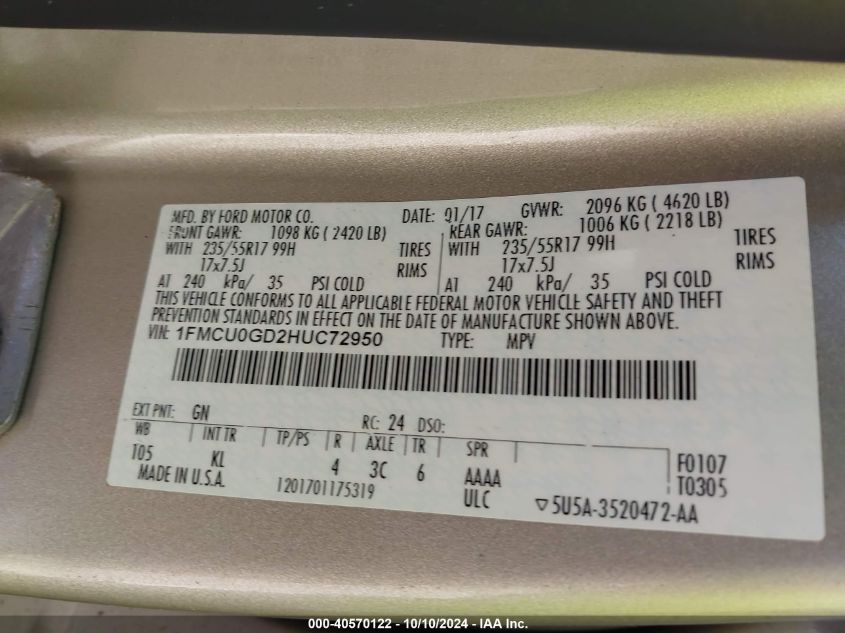 1FMCU0GD2HUC72950 2017 Ford Escape Se