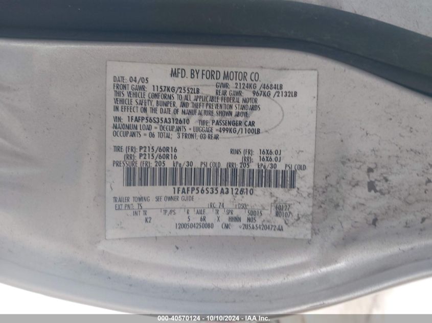 1FAFP56S35A312610 2005 Ford Taurus Sel