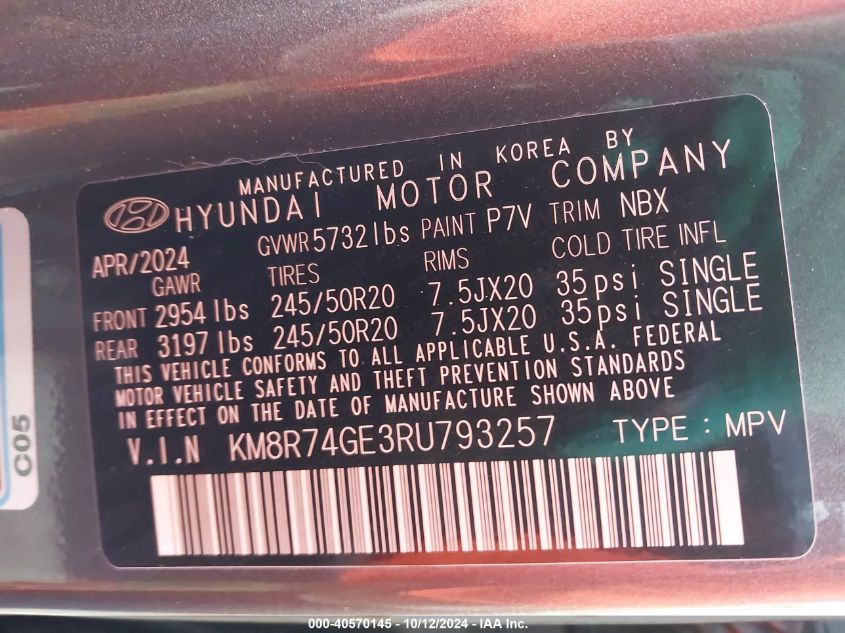 2024 Hyundai Palisade Calligraphy VIN: KM8R74GE3RU793257 Lot: 40570145