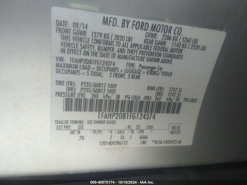 1FAHP2D81FG124374 2015 Ford Taurus Se