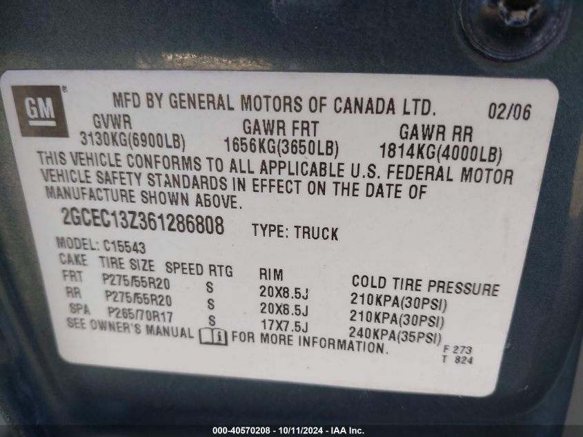 2006 Chevrolet Silverado 1500 Lt1 VIN: 2GCEC13Z361286808 Lot: 40570208