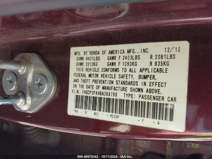 1HGCP2F84BA068799 2011 Honda Accord Exl