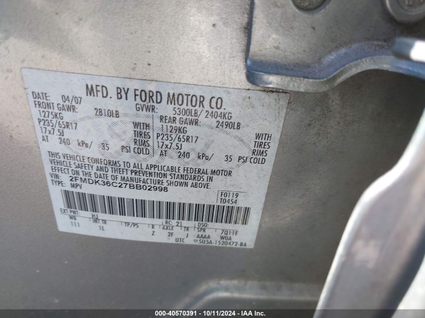 2FMDK36C27BB02998 2007 Ford Edge