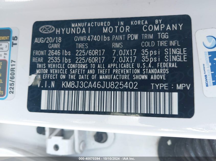 2018 Hyundai Tucson Sel VIN: KM8J3CA46JU825402 Lot: 40570394