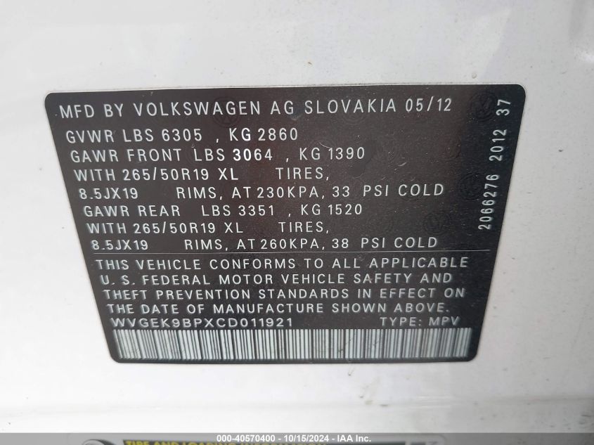 2012 Volkswagen Touareg Tdi Lux VIN: WVGEK9BPXCD011921 Lot: 40570400