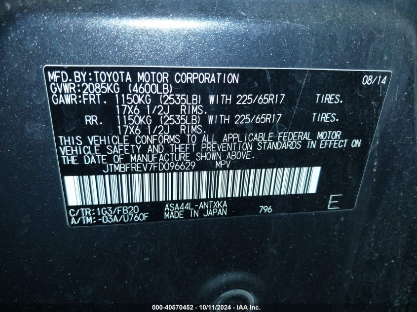 JTMBFREV7FD096629 2015 Toyota Rav4 Le