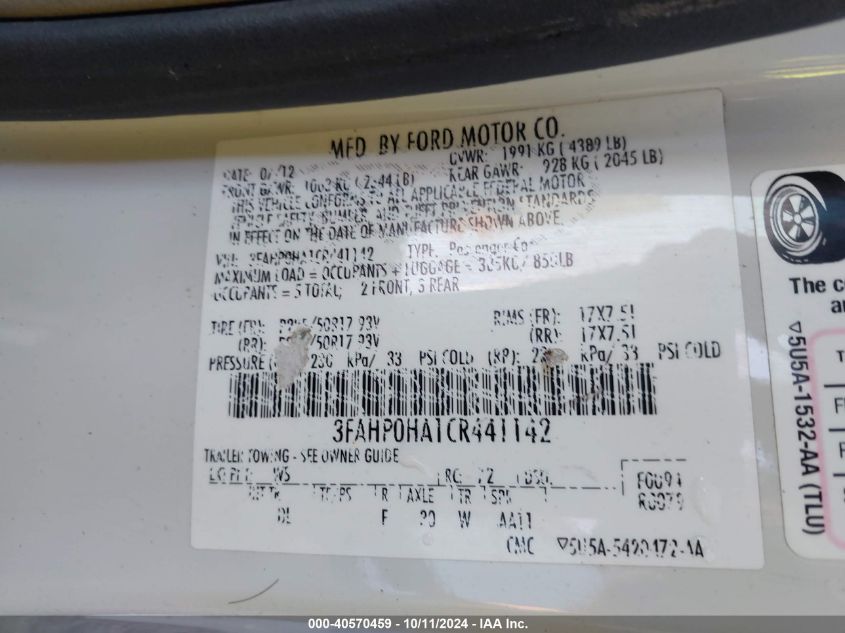 3FAHP0HA1CR441142 2012 Ford Fusion Se