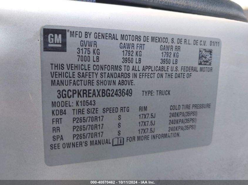 3GCPKREAXBG243649 2011 Chevrolet Silverado 1500 Ls