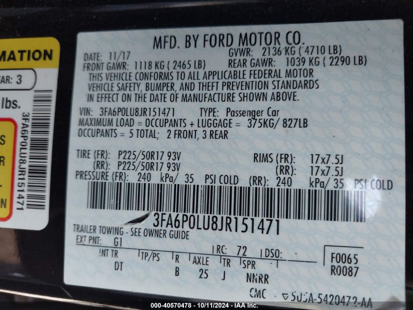 3FA6P0LU8JR151471 2018 Ford Fusion Hybrid Se Hybrid