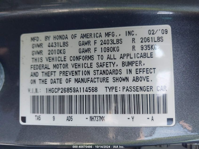 2009 Honda Accord 2.4 Ex-L VIN: 1HGCP26859A114568 Lot: 40570486