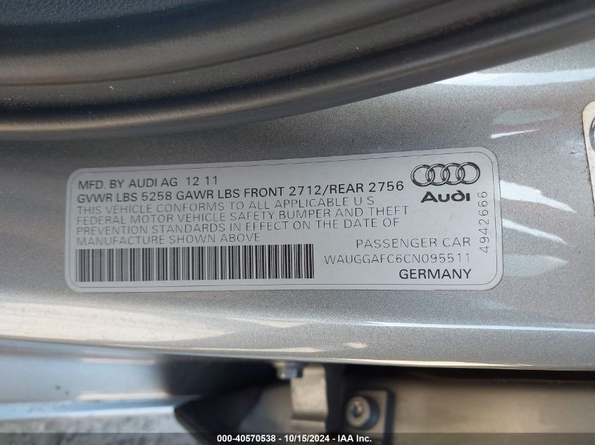 2012 Audi A6 3.0 Premium VIN: WAUGGAFC6CN095511 Lot: 40570538