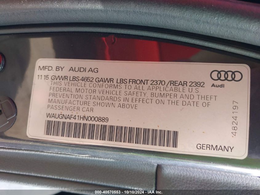 2017 Audi A4 2.0T Premium VIN: WAUGNAF41HN000889 Lot: 40570553