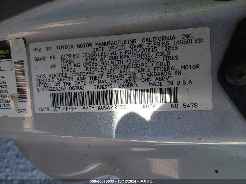2005 Toyota Tacoma Access Cab VIN: 5TETX22N15Z106302 Lot: 40570639