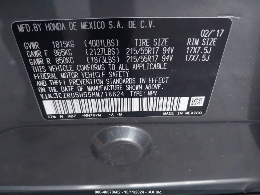 3CZRU5H55HM718624 2017 Honda Hr-V Ex