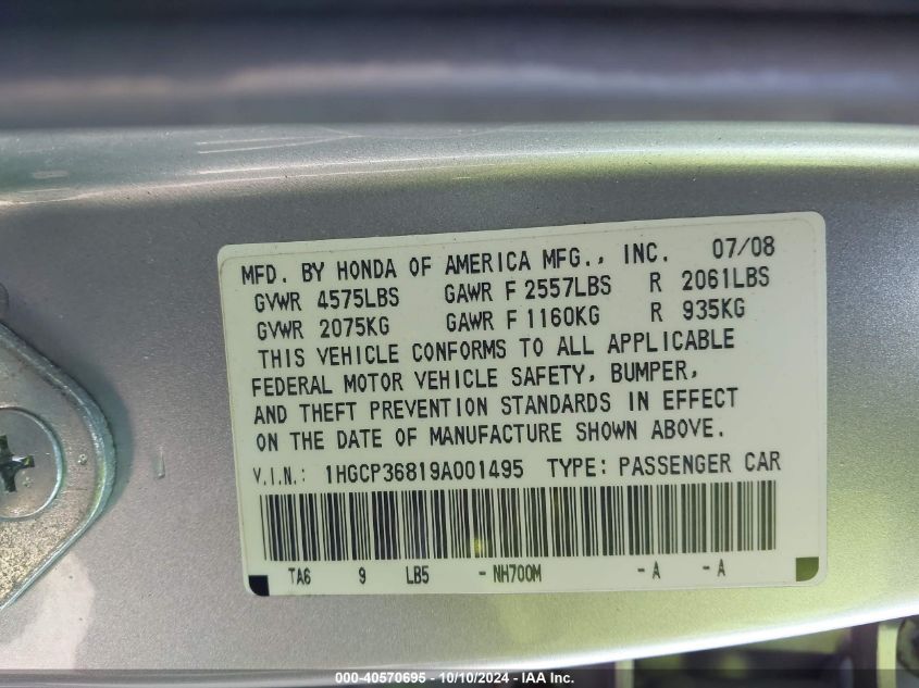 1HGCP36819A001495 2009 Honda Accord 3.5 Ex-L