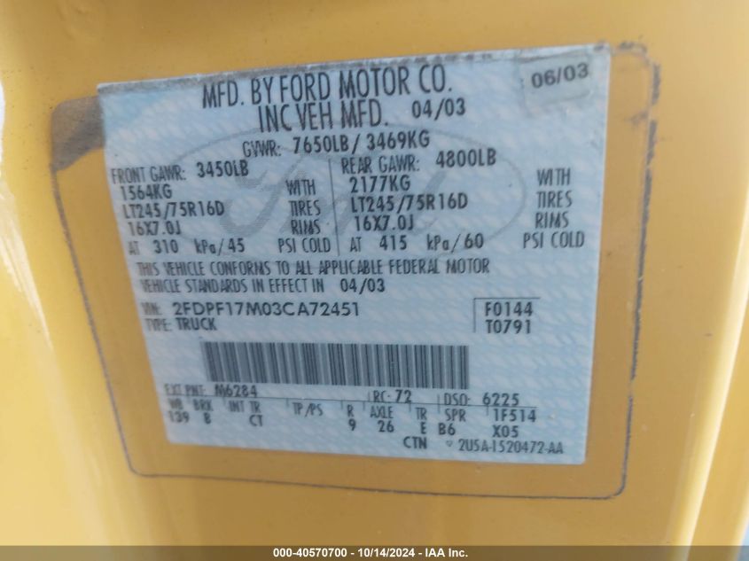2003 Ford F-150 Xl/Xlt VIN: 2FDPF17M03CA72451 Lot: 40570700
