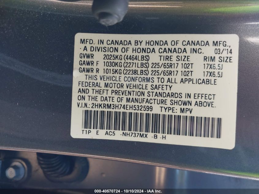 2HKRM3H74EH532599 2014 Honda Cr-V Ex-L