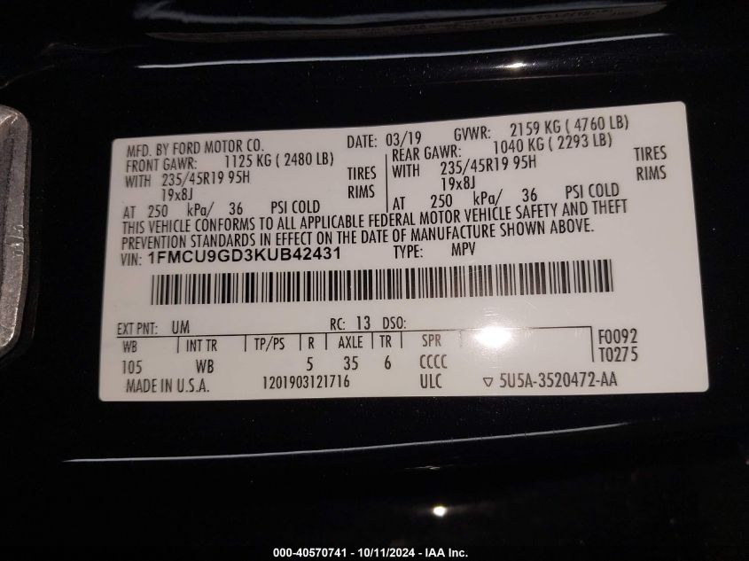 1FMCU9GD3KUB42431 2019 Ford Escape Se