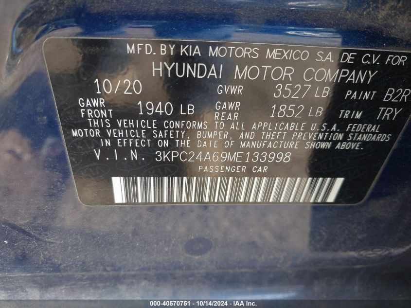 2021 Hyundai Accent Se VIN: 3KPC24A69ME133998 Lot: 40570751